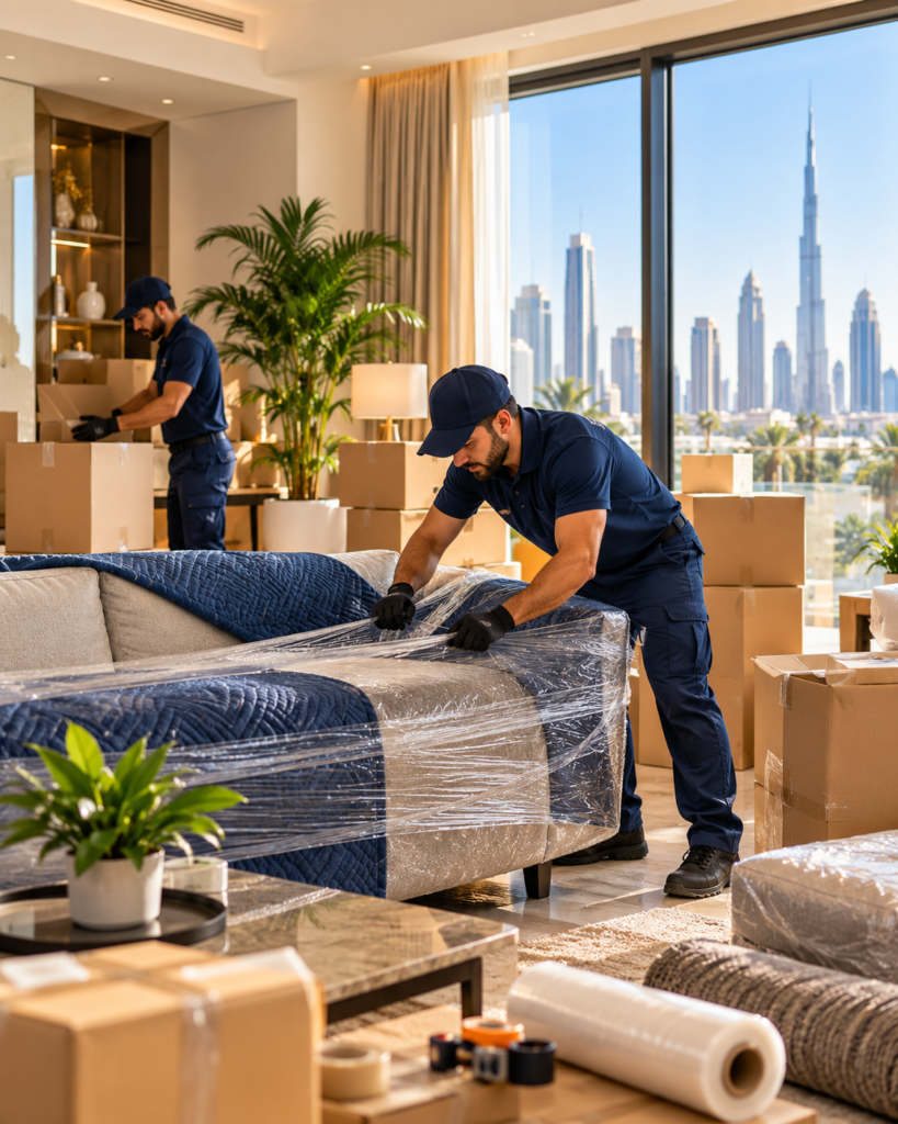 Professional movers carefully handling furniture during relocation