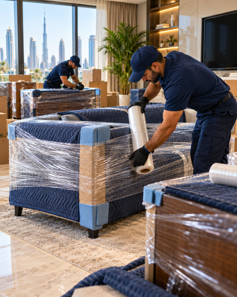 Movers protecting furniture surfaces and corners during relocation