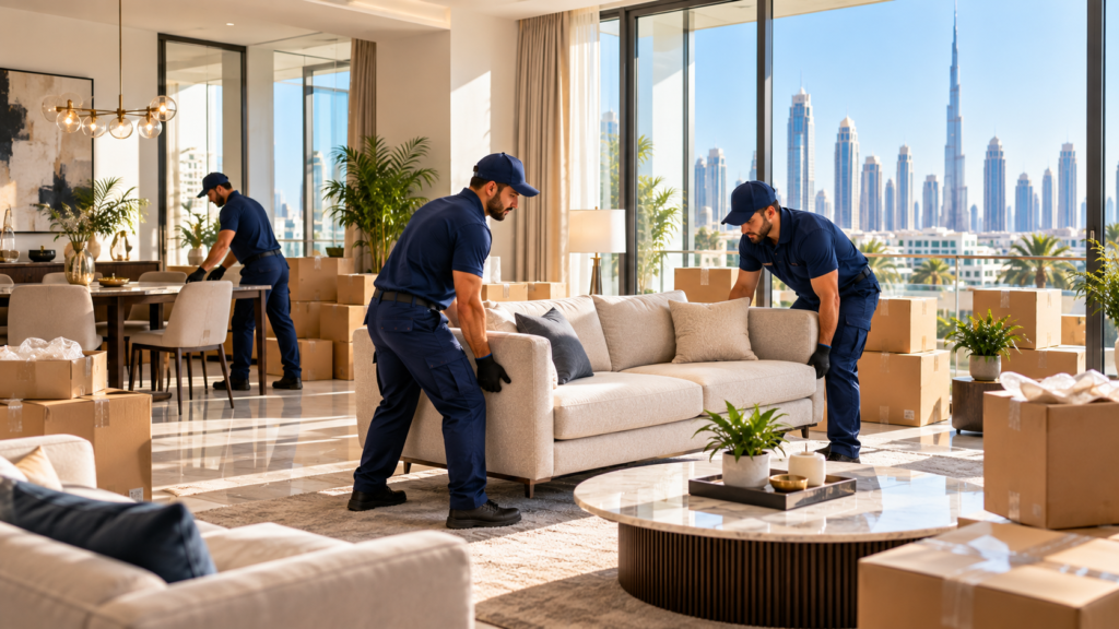 Professional movers placing furniture inside a new home