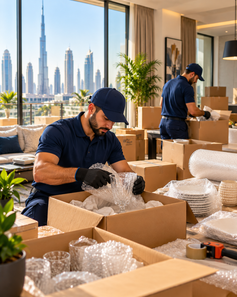 Professional movers wrapping furniture for safe transportation