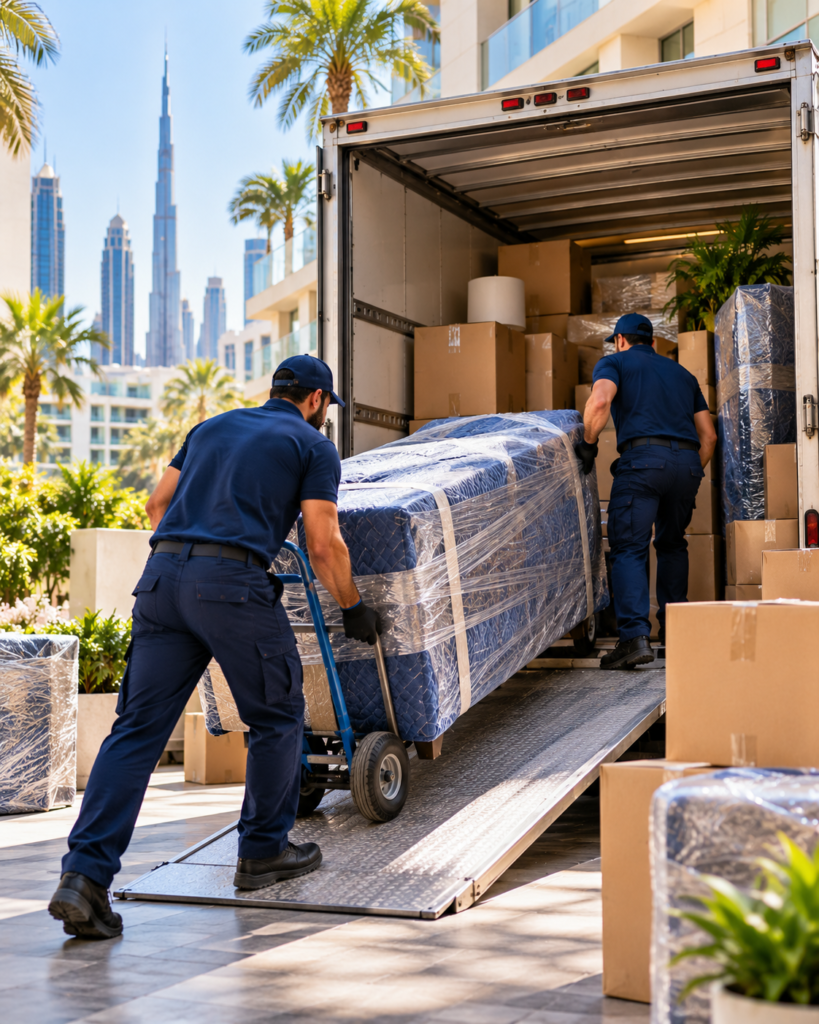 Professional movers loading furniture safely for transportation