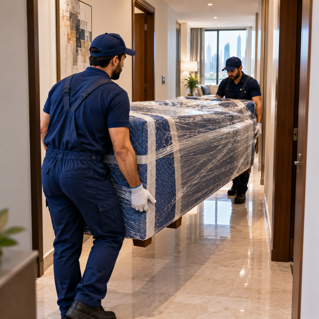 Professional movers carrying protected furniture through apartment corridor