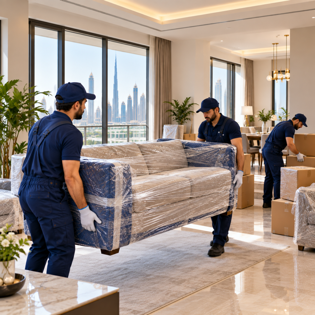 Professional movers arranging furniture inside a new apartment