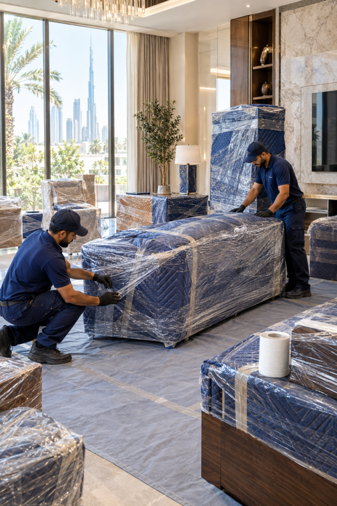 Professional movers protecting furniture during villa relocation