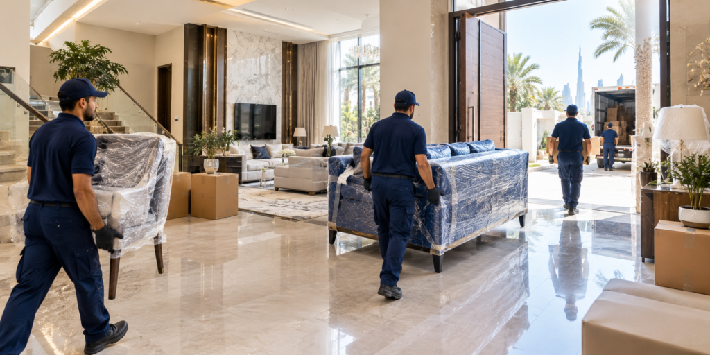 Professional movers arranging furniture inside a new villa