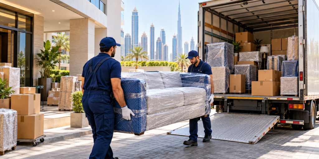 Professional movers loading protected furniture into moving truck