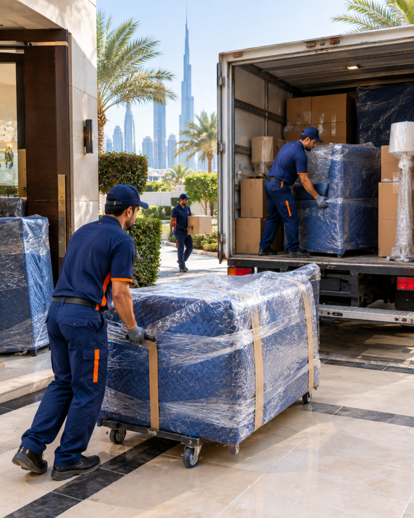 Professional villa moving team loading furniture into a relocation truck