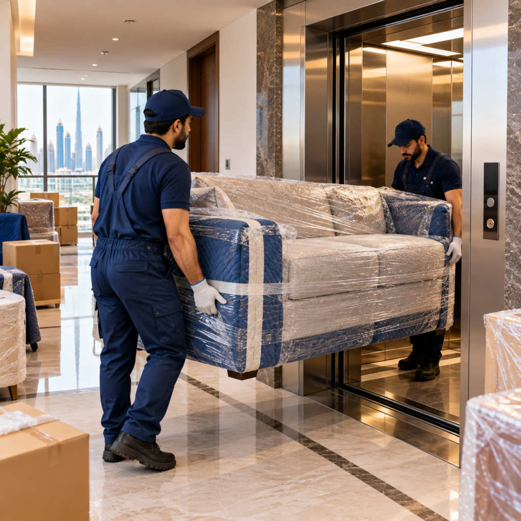 Professional movers transporting furniture through apartment elevator