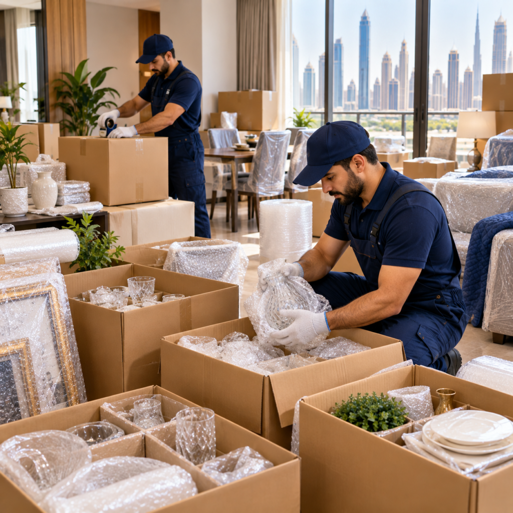 Professional movers packing belongings inside an apartment