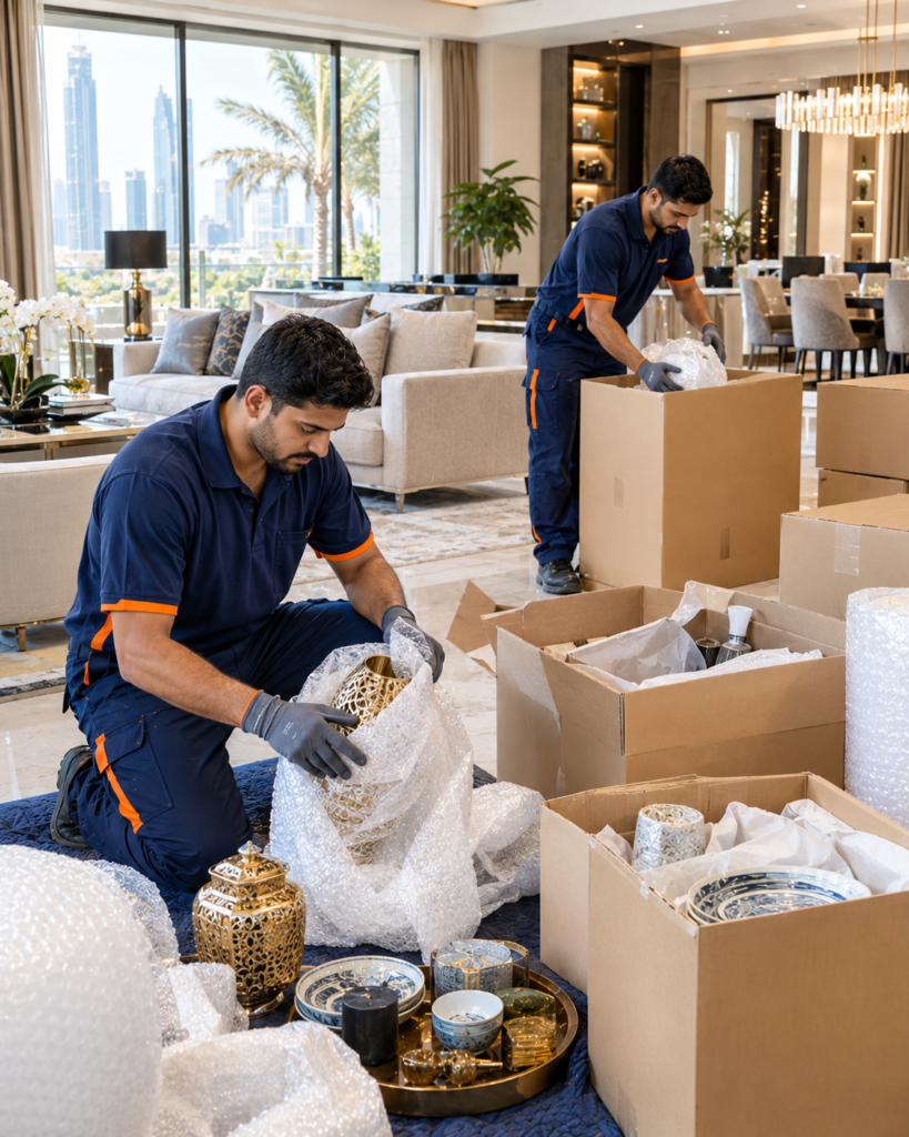 Professional movers carefully packing belongings for villa relocation