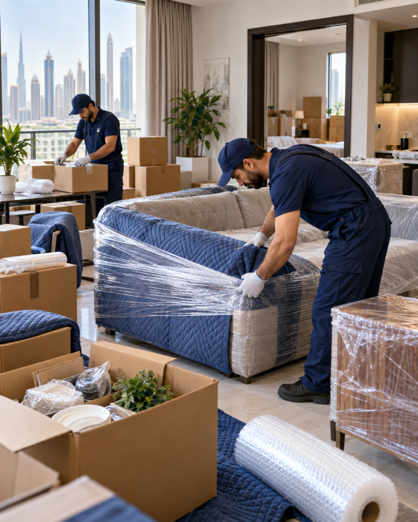 Professional movers preparing an apartment for relocation