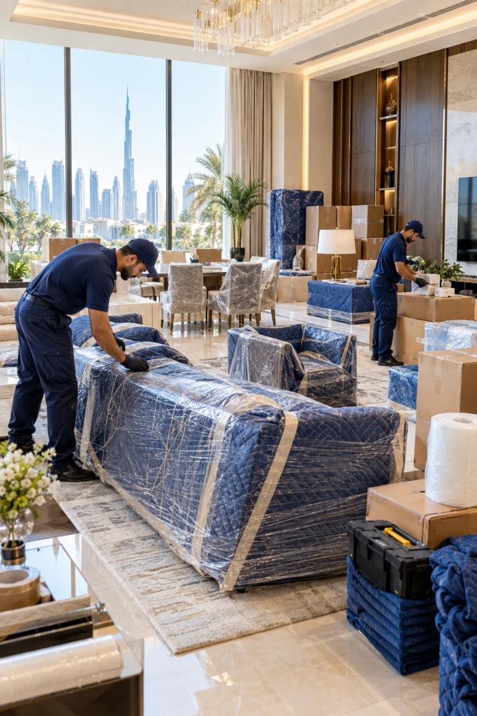 Professional movers preparing furniture for a villa relocation